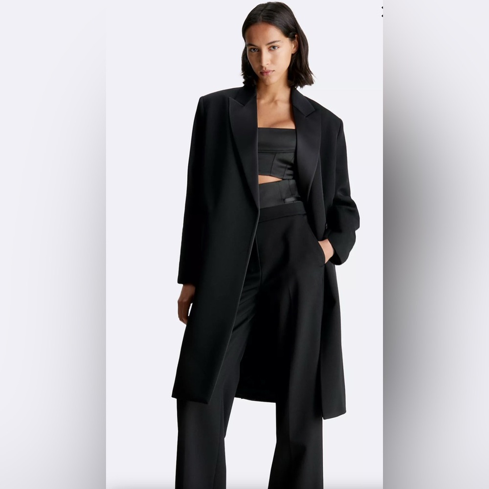 Calvin Klein Tuxedo Satin Wool Button Front Blazer Jacket Coat Black Size 8 - Picture 4 of 11